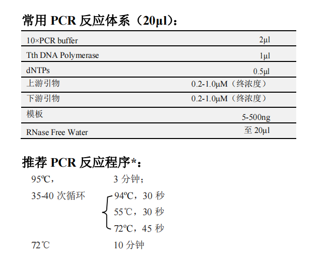 Tth DNA Polymerase 常用PCR反應體系（20μL）以及推薦PCR反應程序